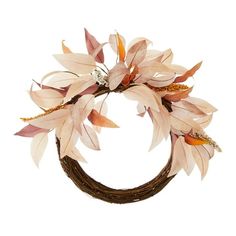 an image of a wreath with flowers on it's headbands and feathers