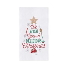 a christmas tree with the words we wish you a delicious christmas written on it and a star