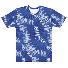 This light blue tie dye abstract design full print men's short sleeve T-shirt is super smooth, super comfortable, and made from a cotton touch polyester jersey that won't fade after washing. It's a unique vintage T shirt you'll want to add to your wardrobe! * 95% polyester, 5% elastane (fabric composition may vary by 1%) * Premium knit mid-weight jersey * Four-way stretch fabric that stretches and recovers on the cross and lengthwise grains * Regular fit Made in the USA. *For guidance on sizing, please advance to the last photo in the image gallery for measurements. *Returns accepted with exceptions. Please review our Return policies in our Shop Privacy section for more information. Blue Short Sleeve Sublimation T-shirt With Custom Print, Blue All Over Print Sublimation Short Sleeve, Blue Crew Neck Shirt With All Over Print, Blue Short Sleeve Sublimation Design With Custom Print, Blue Casual Watercolor Print Top, Casual Blue Watercolor Print Top, Blue Casual Top With Watercolor Print, Casual Blue Sublimation Design With All Over Print, Blue Pre-shrunk Crew Neck Sublimation Design