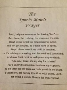 the sports mom's prayer is written in black ink on a piece of paper