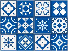 blue and white tiles with different designs