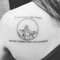 a woman's back shoulder with the quote to the stars that listen and the dreams that are answered