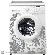 the front view of a washing machine with its door open and floral design on it