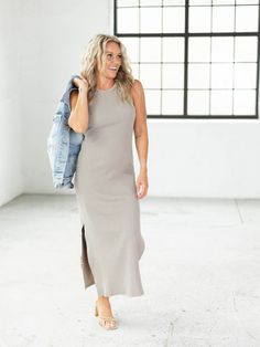 A micro ribbed fabrication leads down the length of this slightly fitted maxi dress. This new arrival has a higher, halter style neckline to add a merge of flirty + athleisure inspired vibes to this dress. More of a slimmer fitting silhouette, this maxi length dress can be styled for a variety of occasions. By Together Ribbed knit fabrication Higher neckline Slim fitting silhouette Maxi length Side vents 97% Cotton, 3% Spandex Body length measurement: 52" from a S. Bust measurement: 14.5" from a S. Model is wearing a S. Casual Everyday Ribbed Dresses, Sleeveless Stretch Ribbed Maxi Dress, Casual Sleeveless Ribbed Maxi Dress, Ribbed Stretch Sleeveless Maxi Dress, Chic Everyday Maxi Dress For Summer, Casual Spring Maxi Dress For Everyday, Chic Summer Maxi Dress For Everyday, Casual Spring Everyday Maxi Dress, Ribbed Stretch Maxi Dress