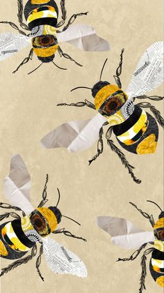 three bees with yellow and black stripes are on a beige background, one is facing the camera