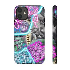 a phone case with graffiti on it and the back cover has an image of a man's face