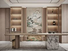 an office with marble desk and bookcases in front of a painting on the wall