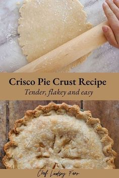 a pie crust on top of a wooden table next to a hand holding a rolling pin