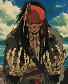 a cartoon character with dreadlocks holding out his hands in front of the ocean