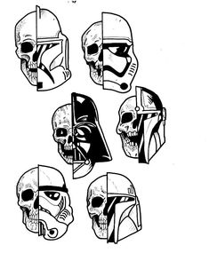 star wars helmets with different faces drawn in black and white ink on a white background