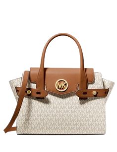 Classic Signature SatchelLogo-print canvas/ faux leatherGold-tone hardware11"W X 7.75"H X 5"DHandle drop: 4.75”Exterior details: detachable crossbody strapInterior details: back and front slip pocketsLining: 100% polyesterPush-lock fasteningColor: Vanilla Women's Bags By Shape, Media Logo, Faux Leather Belts, Coach Swagger Bag, Michael Kors Hamilton, Leather Belt, Satchel, Vanilla, Top Handle Bag