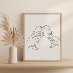 a drawing of two hands toasting with wine glasses in front of a white vase