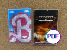 two pieces of beaded art with the letter p on it and an image of a baseball