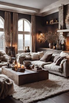 a living room filled with lots of furniture next to a fire place covered in candles