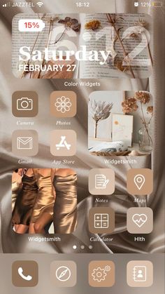 an iphone screen with the text saturday on it and icons in gold, brown and white