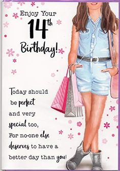 a birthday card with a girl carrying shopping bags