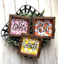 three framed art pieces with the words summer, squeeze the day and lemonade