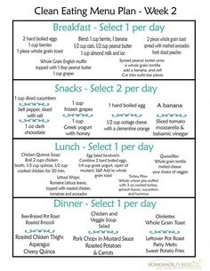 the clean eating menu plan week 2 is shown in this printable version, with instructions for