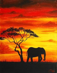 an elephant is standing in front of a tree with the sky painted orange and red