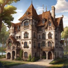 this is an artist's rendering of a victorian - style house in the woods