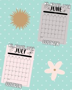 three calendars with different designs on them and the words july to june written in black ink