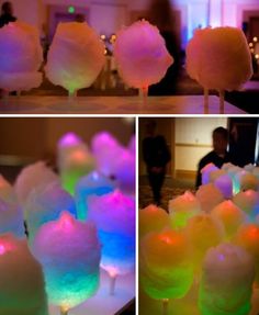 glow in the dark cotton candy is shown with different colors and shapes, including white frosting