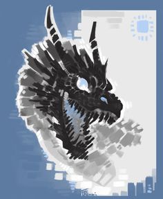 a black and white drawing of a dragon with its head turned to the side, on a blue background