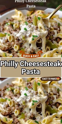 two pictures showing different types of pasta with cheesesteak and green peppers on top