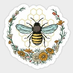 a bee surrounded by flowers and bees on a white sticker with the words honey written in