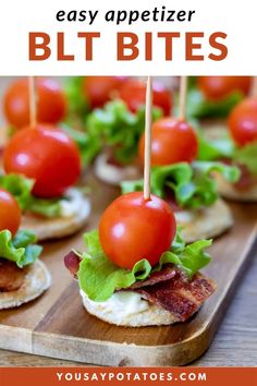 mini sandwiches with bacon, lettuce and tomato on them are ready to be eaten