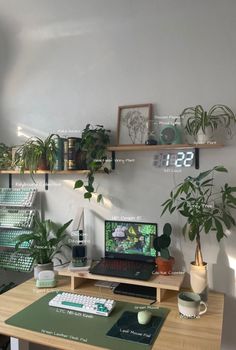 a desk with a laptop computer on top of it next to potted plants and books