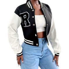 A premium quality Crop varsity bomber jacket with any kind of customization such as your own design, custom size, color, Chenille patches, direct embroidered logos and patches, Sublimation patches, Distressed embroidered patches etc. Outer Shell Made with high quality Wool  With Original Cowhide Leather Sleeve Inside 100 Percent Polyester Quilted lining 7 Twitch buttons on front Two side Leather Bone Pockets Knitted Ribb on neck, cuffs and waist belt Spring Coat, Estilo Preppy, Baseball Women, Collar Cardigan, Casual Vest, Baseball Jacket, Casual Coat, Long Sleeves Jacket, Wool Jacket