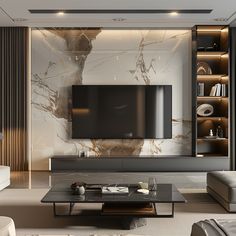 modern living room with marbled wall and black coffee table in front of the tv