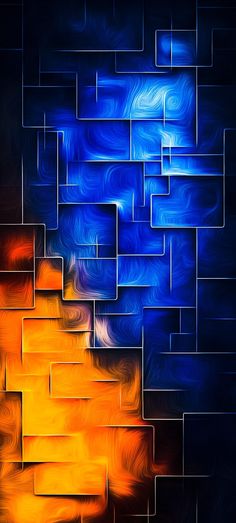 an abstract painting with blue and orange colors