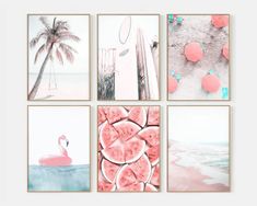 four pictures with flamingos, watermelon slices and palm trees on the beach