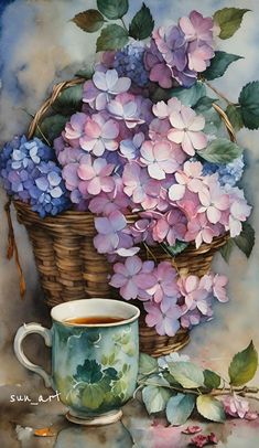 a painting of purple flowers in a basket next to a coffee cup and saucer