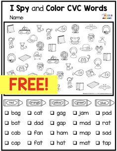 the i spy and color cvc words worksheet is shown in this image