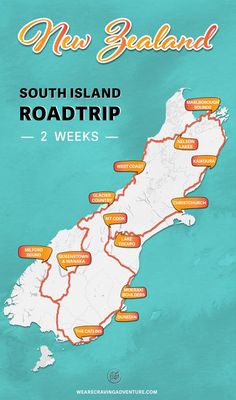 the road trip map for new zealand is shown in orange and white, with several locations marked