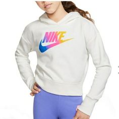 New Without Tags Size L Girls White Nike Cropped Hoodie. Has Multicolor Logo On Front. H44 Cute Nike White Tops, Cute White Nike Top, Playful White Nike Tops, Nike Crop Top Hoodie, Nike Cropped Hoodie, Nike Crop Top, Girls Sportswear, Nike Top, Crop Top Hoodie