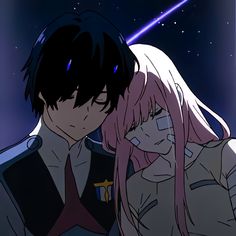 two anime characters standing next to each other in front of the night sky with stars