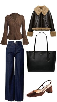 four pieces of clothing including a brown jacket, jeans and heels with a handbag