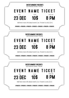 three tickets for an event with the date and time in black on each ticket card