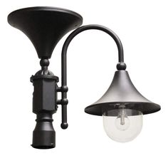 an outdoor light fixture with a glass shade on the top and bottom of it's arm