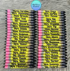 two rows of yellow and pink crayons with the names of different eras on them