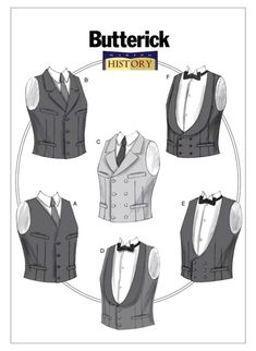 MEN'S VESTS: Close-fitting, partially interfaced, lined, single and double-breasted vests have front extending to upper and side back, no shoulder or side seams, welt pockets, and back and belt cut of lining fabric. A, B, C: Upper welts. B, C: Notched collar. D, F: Shawl collar. Pattern is Uncut and in Factory Folded.  The envelope has light shelf wear. SHIPPING:  Shipping charges will apply to the first pattern purchased.  Any additional patterns purchased on the same invoice will ship for free Waistcoat Pattern, Sewing Men, Mens Sewing Patterns, Vest Sewing Pattern, Double Breasted Vest, Mens Waistcoat, Clothing Guide, Costume Sewing Patterns, Party Mode