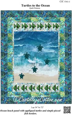 Turtles to the Ocean Sea Turtle Quilts, Ocean Quilt, Turtle Quilt, Wall Quilt Patterns, Panel Quilt Patterns, Beach Quilt, Sea Quilt, Sea Turtle Print, Fusible Applique