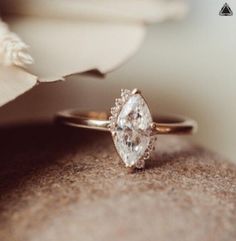 a diamond ring sitting on top of a rock next to a white flower and petals