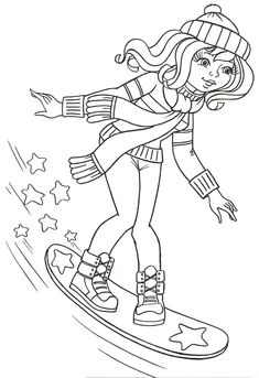 a cartoon girl riding a skateboard with stars around her head and wearing winter clothes