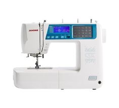 the janome sewing machine is white and blue