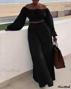 Olivia Mark - Whimsical Lantern Sleeve Top and Flowing Skirt Pair Tops For Long Skirts, Skirts Ideas, Maxi Skirt Crop Top, Lantern Sleeve Top, Black Off Shoulder, Off The Shoulder Long Sleeve, Off Shoulder Crop Top, Split Skirt, Estilo Chic